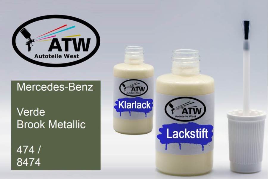 Mercedes-Benz, Verde Brook Metallic, 474 / 8474: 20ml Lackstift + 20ml Klarlack - Set, von ATW Autoteile West.